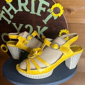 Josef Seibel Leather Strap Sandal Heel European Laganlook Flower Mustard Comfort